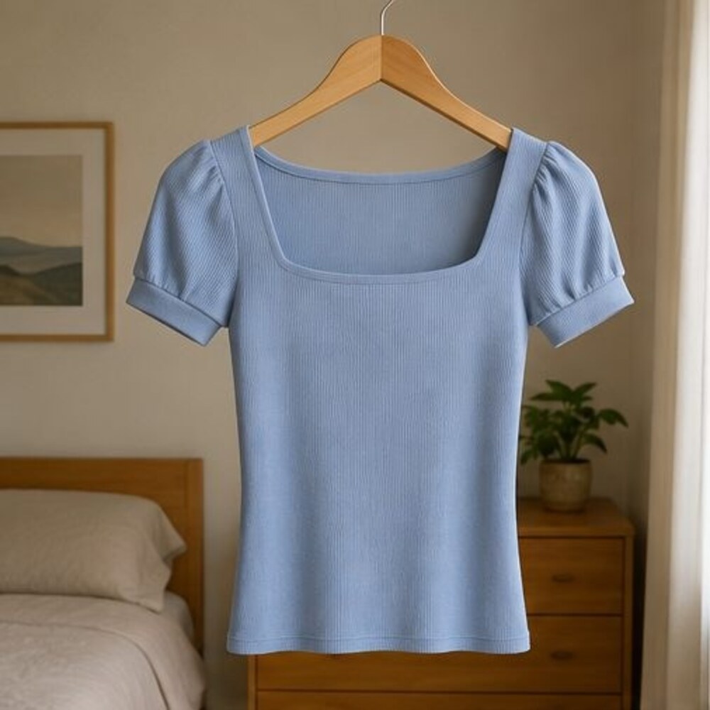 Powder Blue Ribbed Square Neck Top